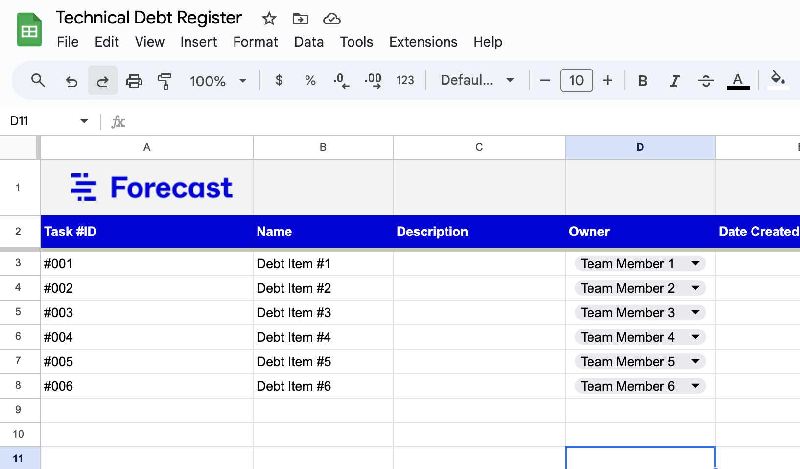 a basic technical debt log in google sheets